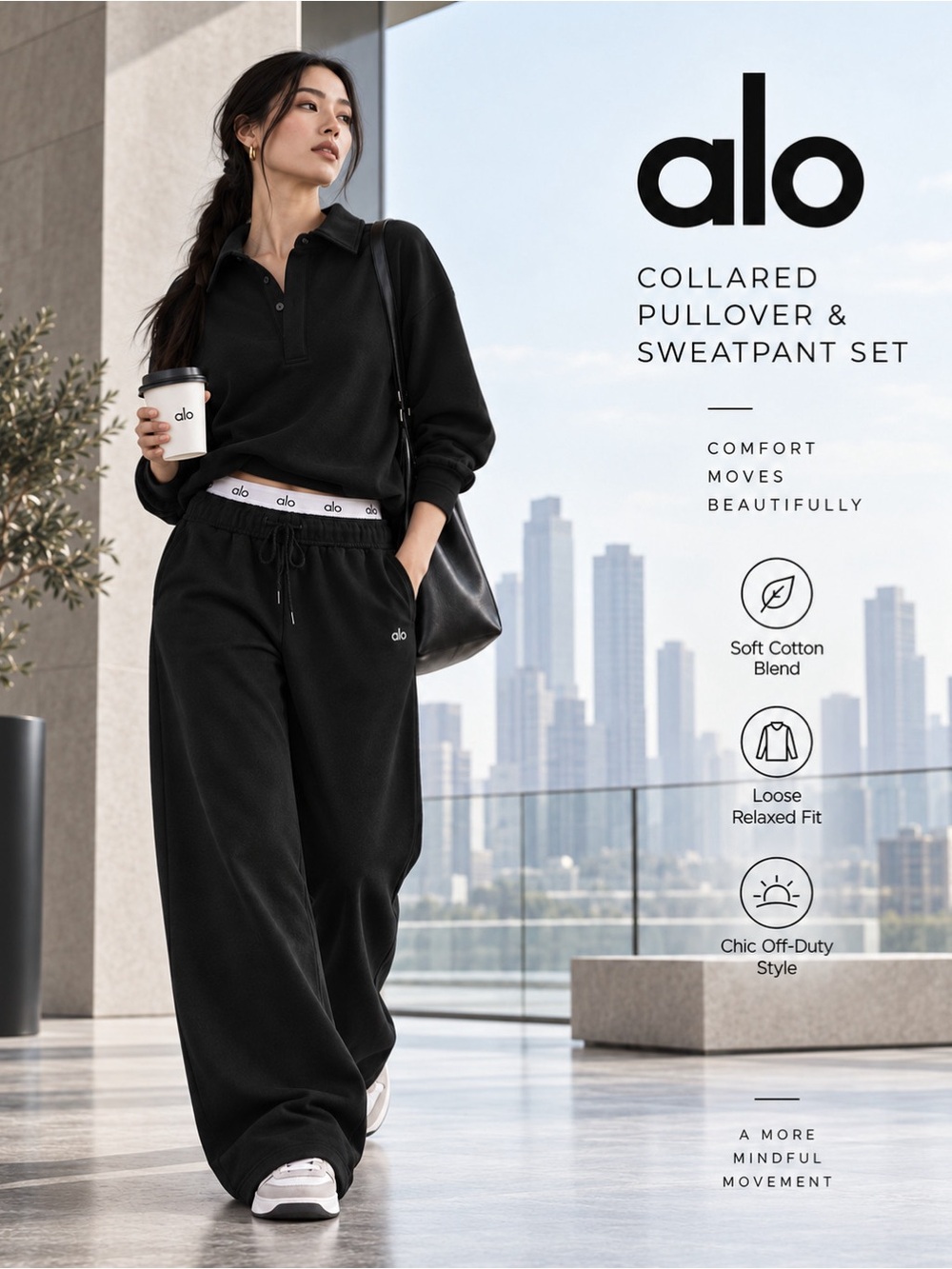 ALO Yoga Take It Easy Henley & Accolade Straight Leg Sweatpants Black S NEW